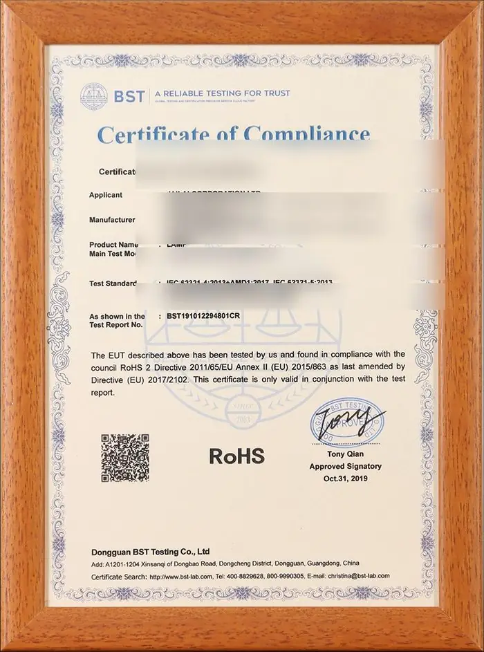 RoHS compliance certificate scan